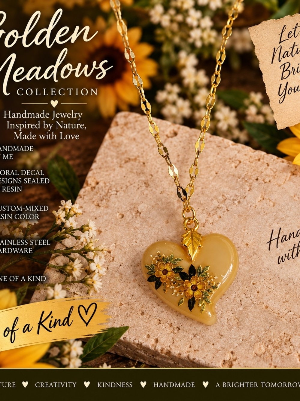 Golden Meadows Handmade Floral Resin Heart Necklace | Stainless Steel